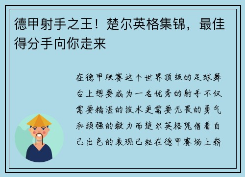 德甲射手之王！楚尔英格集锦，最佳得分手向你走来